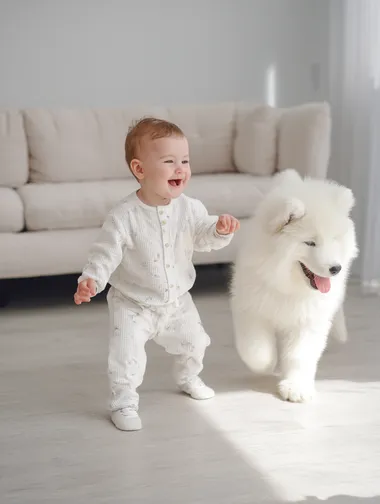 Joyful Baby and Samoyed Puppy Dancing Together Joyful Baby and Samoyed Puppy Dancing Together