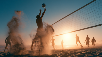 Joyful Beach Volleyball Action at Sunset
