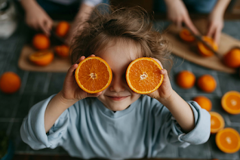 Joyful Child Playing with Oranges in a Cozy Kitchen