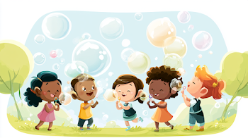 Joyful Children Blowing Bubbles in a Sunny Park