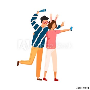 Joyful couple in funny glasses and ears taking selfie together vector flat illustration