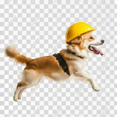 Joyful Dog in Yellow Helmet: A Playful Side View