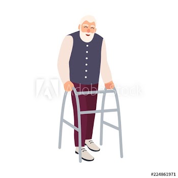 Joyful elderly man with walking frame or walker isolated on white background