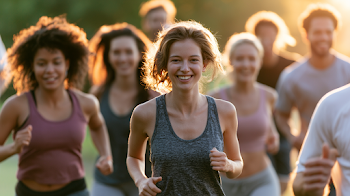 Joyful Friends Jogging Together in a City Park