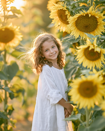 Joyful Girl Among Sunflowers at Golden Hour