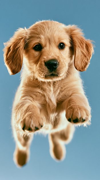 Joyful Golden Puppy Soaring in Clear Sky