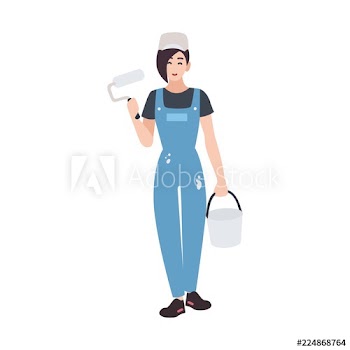 Joyful house painter or decorator wearing dungarees and holding paint roll and bucket