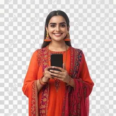 Joyful Indian Woman in Vibrant Salwar Kameez with Smartphone