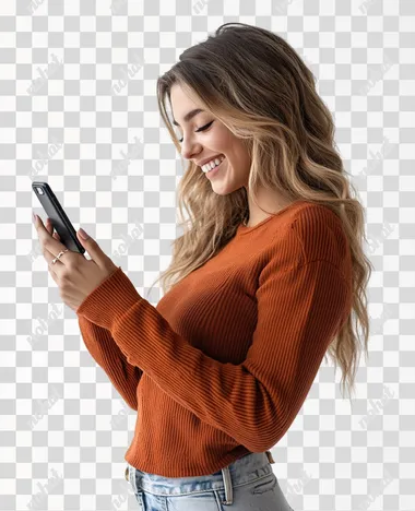 Joyful Moment: A Happy Woman Engaged with Her Phone