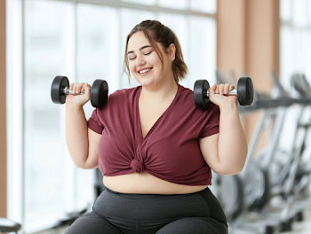 Joyful Plus-Size Woman Exercising with Dumbbells in Modern Gym