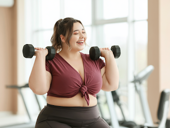 Joyful Plus-Size Young Woman Exercising in Modern Gym