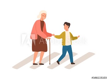 Joyful polite boy help grandmother cross street vector flat illustration
