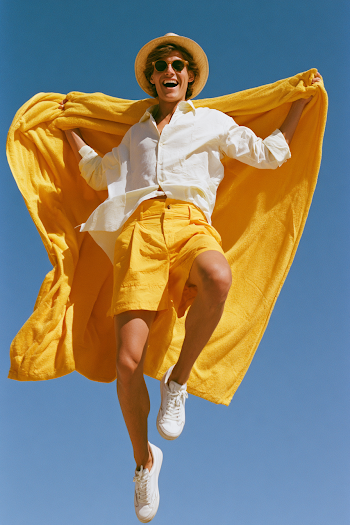 Joyful Summer Model with Beach Towel in Motion