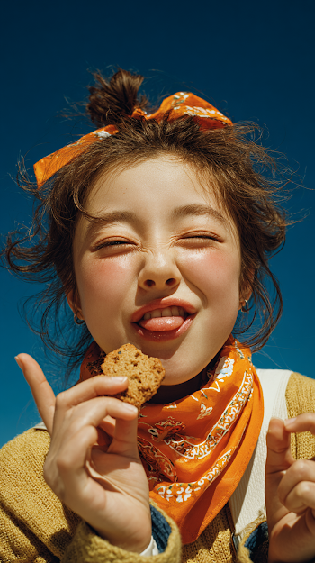 Joyful Summer Snack Time: Cute Girl with Bread