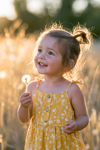 Joyful Toddler Blowing Dandelion Seeds in a Meadow
