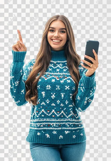 Joyful Woman in Christmas Sweater Taking a Selfie