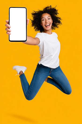 Joyful Woman Jumping with Smartphone in Studio