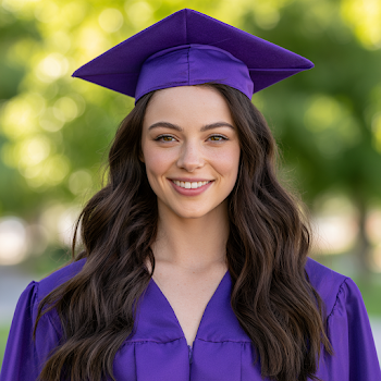 Joyful Young Female Graduate in Purple Cap and Gown