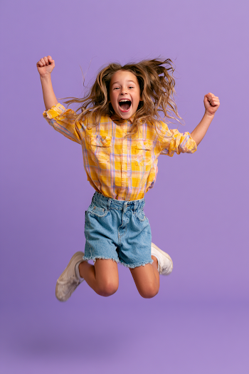 Joyful Young Girl Jumping Against Lavender Background