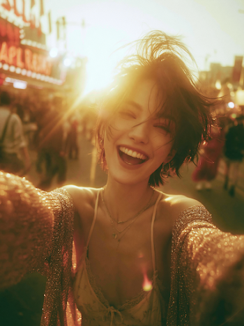 Joyful Young Woman Embracing the City Festival Atmosphere