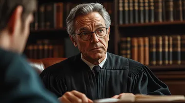 Judge in Modern Law Office Discusses Truth with Man in Library