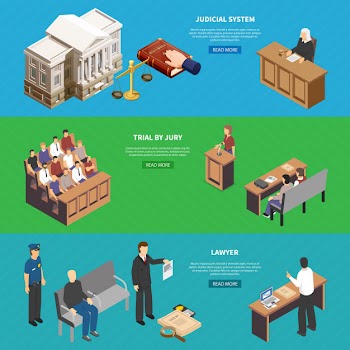 Judicial system trial 3 horizontal isometric website banners with defendants lawyer shows evidence to prosecutor Free Vector
