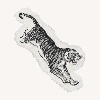 Jumping tiger drawing ephemera, ripped | Free PSD Illustration - rawpixel