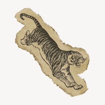 Jumping tiger drawing ephemera, ripped | Free PSD Illustration - rawpixel
