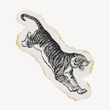 Jumping tiger drawing, ephemera ripped | Free PSD Illustration - rawpixel