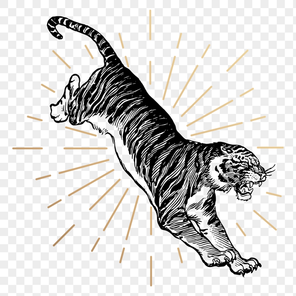 Jumping tiger png sticker, vintage | Free PNG Illustration - rawpixel