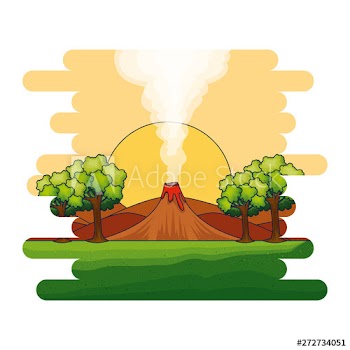 jurassic landscape with smoking volcano scene