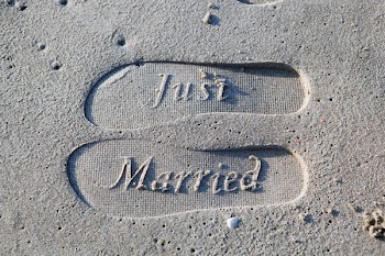 Just Married Foot Prints On Sand