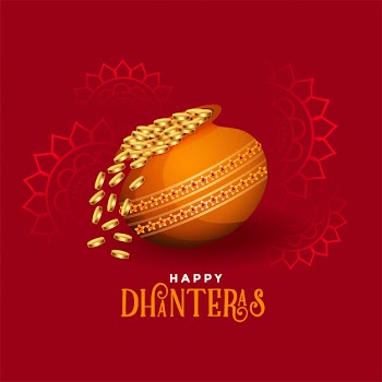 Kalash with golden coins happy dhanteras festival card Free Vector