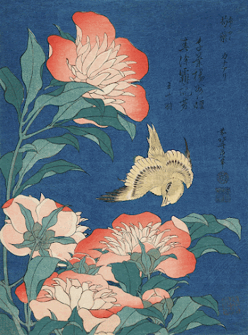 Katsushika Hokusai's peonies and canary | Free Photo Illustration - rawpixel
