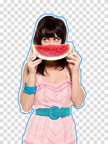 Katty Perry, female standing and holding sliced watermelon fruit transparent background PNG clipart