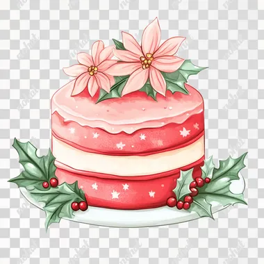 Kawaii Pastel Red Christmas Cake with Flowers