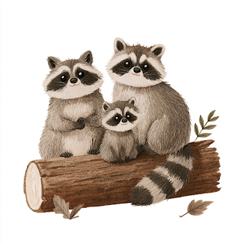 Kawaii Raccoon Family on a Log
