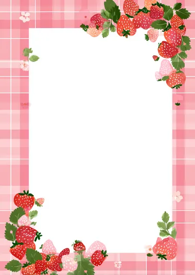 Kawaii Strawberry Border on Pink Gingham Background