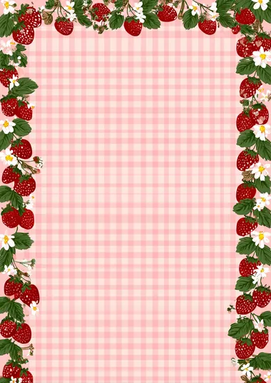 Kawaii Strawberry Border on Pink Gingham Background
