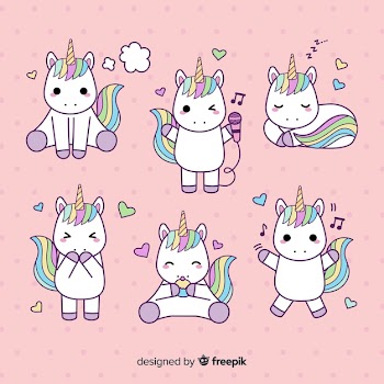 Kawaii style unicorn character collection Free Vector