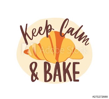 Keep Calm And Bake motivational slogan or message handwritten with elegant cursive calligraphic font or script and delicious croissant
