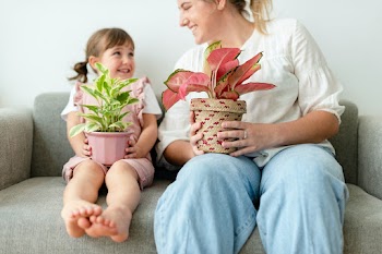 Kid and mother holding potted plants at home | Free stock photo | High Resolution image