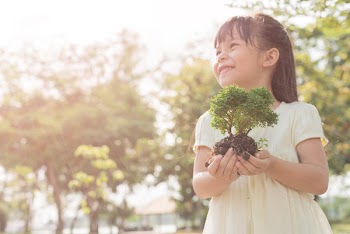 Kid holding young plant in hands against spring green background. Ecology concept