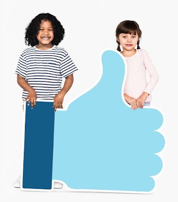 Kids holding a blue thumbs up icon | Free stock psd mockup - 492000
