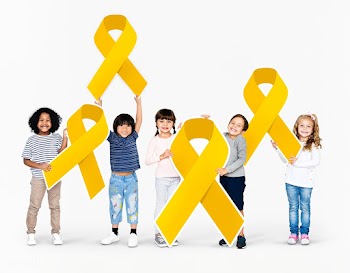 Kids holding gold ribbons supporting childhoo.. | Free stock psd mockup - 492003