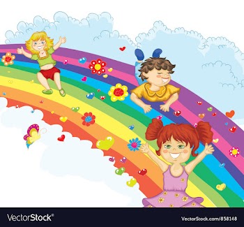 Kids on rainbow vector image