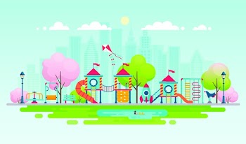 Kids playground with playing equipment, City park with outdoor decor.