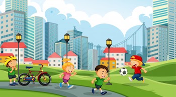 Kids playing in city park Free Vector