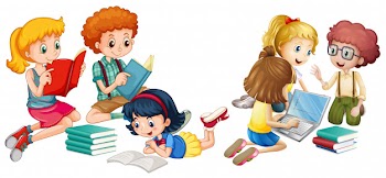 Kids reading books and working on computer Free Vector