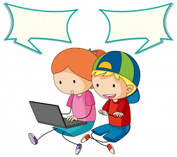 Kids talking with computer and speech bubble Free Vector